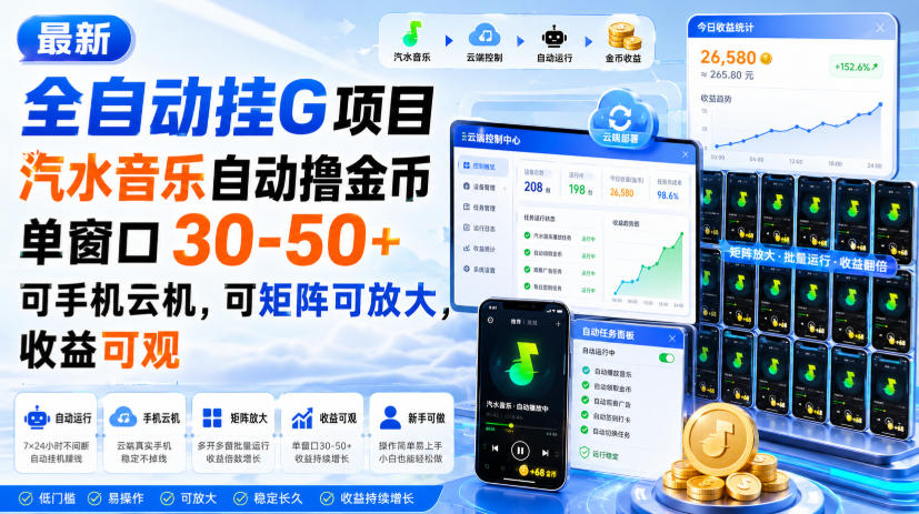 最新全自动挂G项目，汽水音乐自动撸金币单窗口30-50+，可手机云机，可矩阵可放大，收益可观-伊亚库