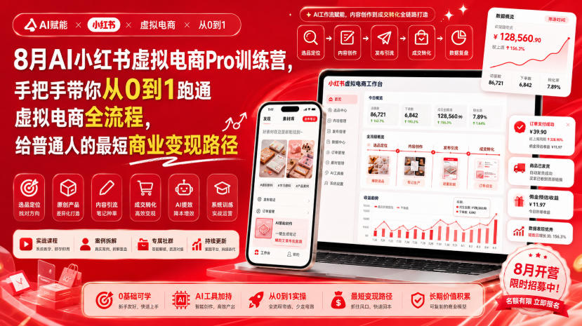 8月AI小红书虚拟电商Pro训练营，手把手带你从0到1跑通虚拟电商全流程，给普通人的最短商业变现路径-伊亚库