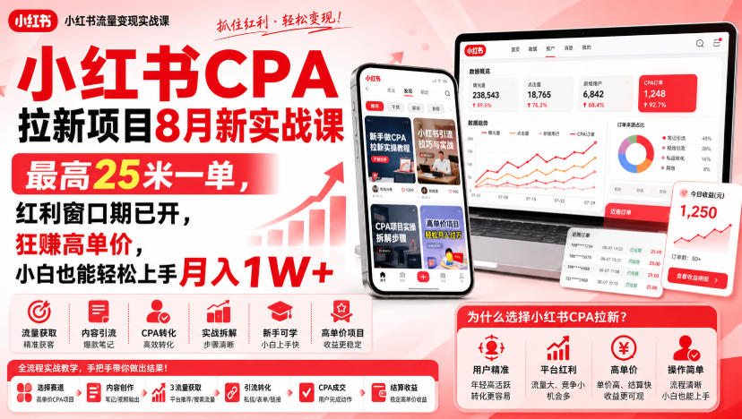 小红书CPA拉新项目8月新实战课，最高25米一单，红利窗口期已开，狂賺高单价，小白也能轻松上手月入1W+-伊亚库