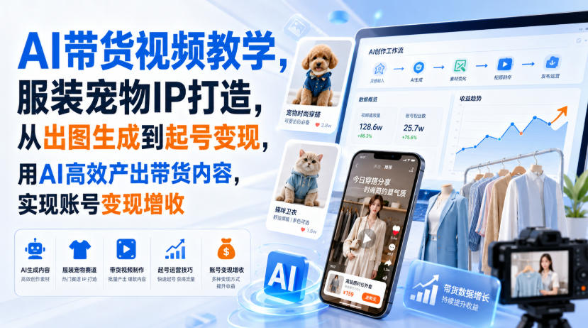 AI带货视频教学，服装宠物IP打造，从出图生成到起号变现，用AI高效产出带货内容，实现账号变现增收-伊亚库