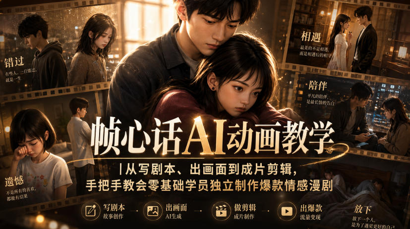 帧心话AI动画教学｜从写剧本、出画面到成片剪辑，手把手教会零基础学员独立制作爆款情感漫剧-伊亚库