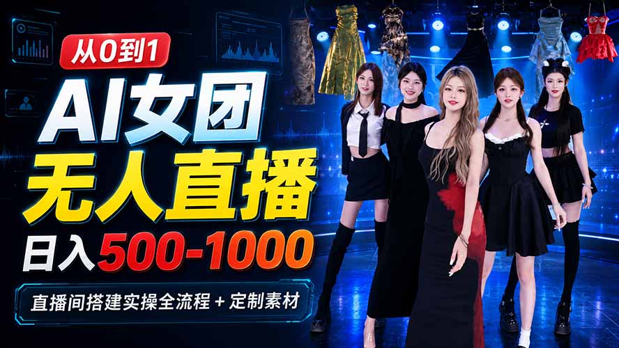 AI 女团无人直播，躺入500-1000每天，直播间搭建实操全流程+定制素材-伊亚库
