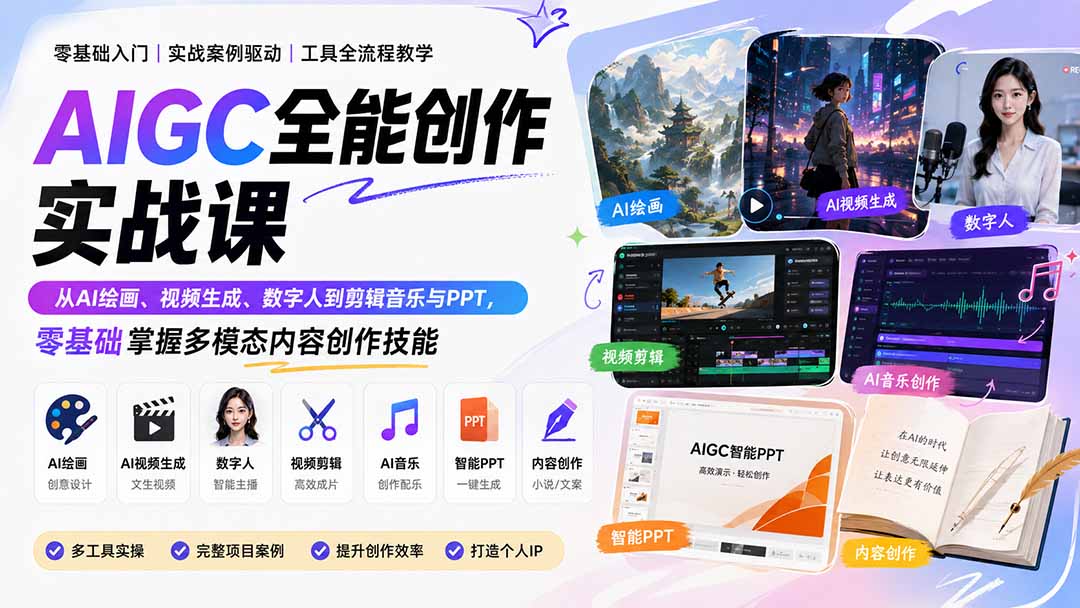 AIGC全能创作实战课：从AI绘画、视频生成、数字人到剪辑音乐与PPT，零基础掌握多模态内容创作技能-伊亚库