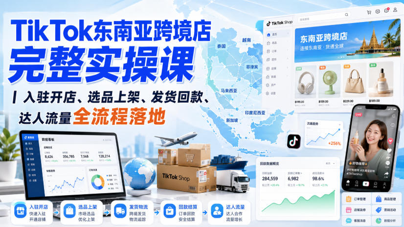 TikTok东南亚跨境店完整实操课｜入驻开店、选品上架、发货回款、达人流量全流程落地-伊亚库