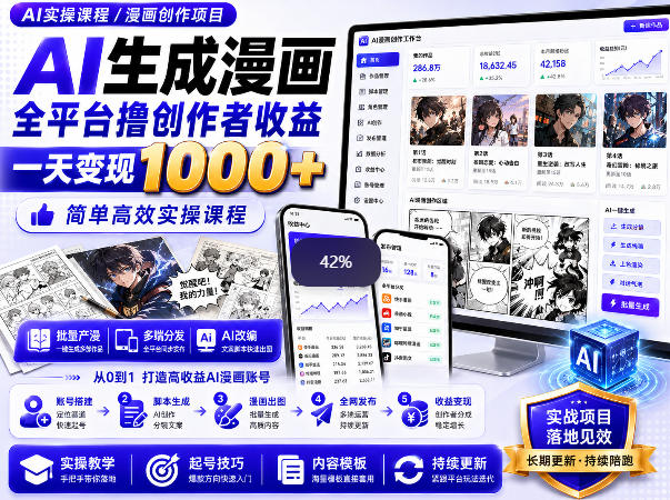 AI生成漫画全平台撸创作者收益内部课程，实操最高单日变现1k+-伊亚库