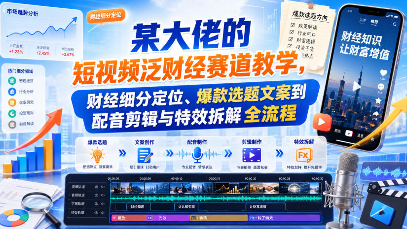 某大佬的短视频泛财经赛道教学，财经细分定位、爆款选题文案到配音剪辑与特效拆解全流程-伊亚库