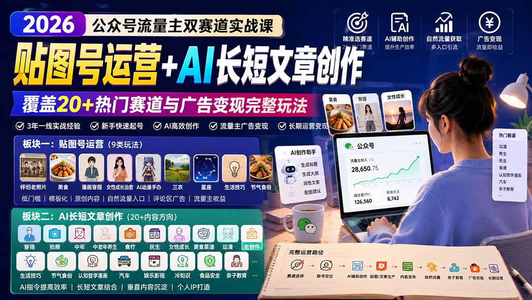 公众号流量主双赛道实战课：贴图号运营+AI长短文章创作，覆盖20+热门赛道与广告变现完整玩法-伊亚库
