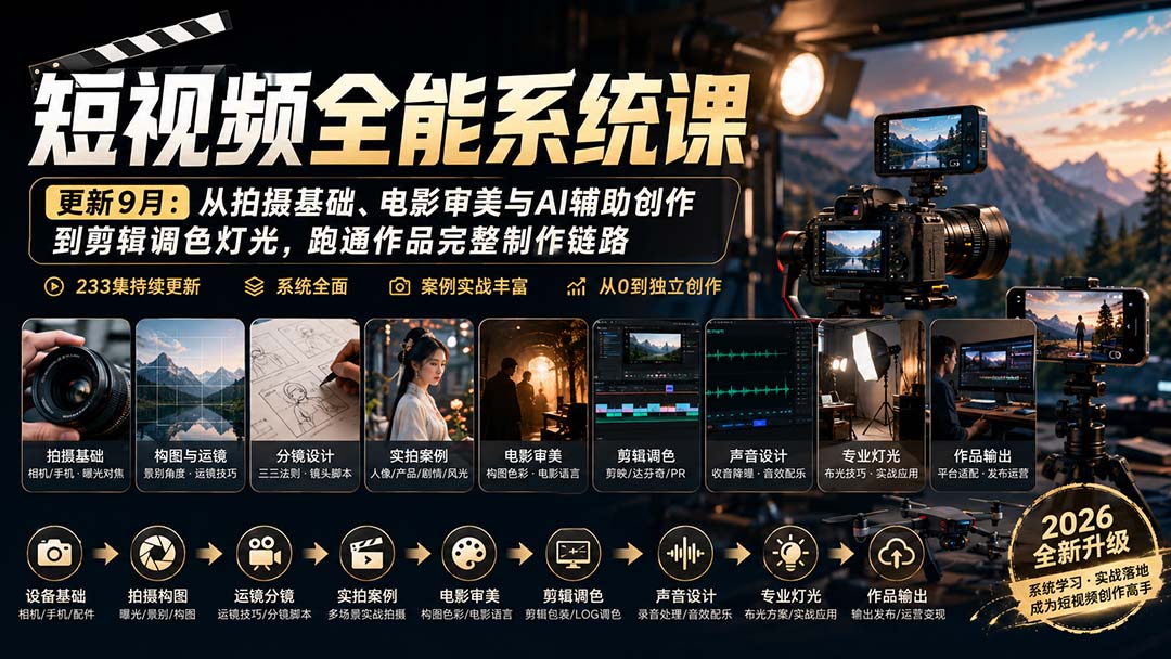 短视频全能系统课-更新8月233集：从拍摄基础、电影审美与AI辅助创作到剪辑调色灯光，跑通作品完整制作链路-伊亚库