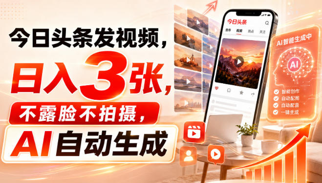 今日头条发视频，日入3张，不露脸不拍摄，AI自动生成-伊亚库