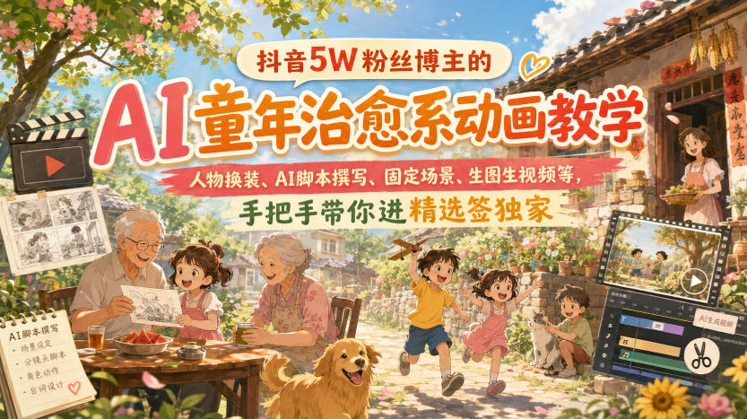 抖音5W粉丝博主的AI童年治愈系动画教学，人物换装、AI脚本撰写、固定场景、生图生视频等，手把手带你进精选签独家-伊亚库