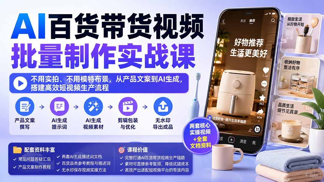 AI百货带货视频批量制作实战课：不用实拍、不用模特布景，从产品文案到AI生成，搭建高效短视频生产流程-伊亚库