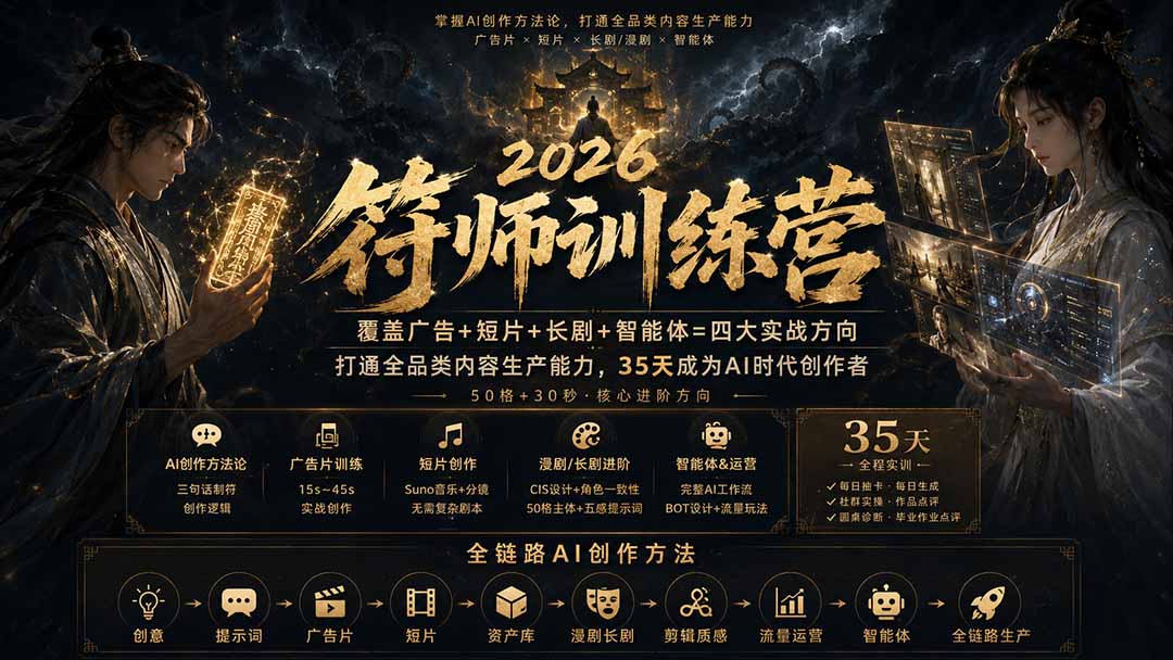 符师训练营-35天成为AI时代创作者，广告+短片+漫剧+智能体四大实战方向，掌握从创意到上线的完整工作流-伊亚库