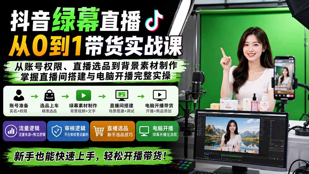 抖音绿幕直播从0到1带货实战课：从账号权限、直播选品到背景素材制作，掌握直播间搭建与电脑开播完整实操-伊亚库