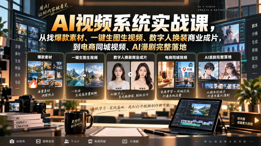 AI视频系统实战课，从找爆款素材、一键生图生视频、数字人换装商业成片，到电商同城视频、AI漫剧完整落地-伊亚库