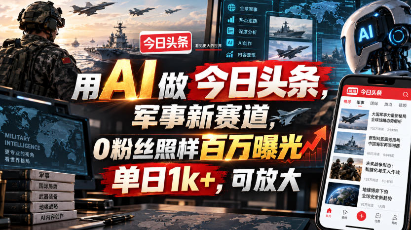 用AI做今日头条，军事新赛道，0粉丝照样百万曝光，单日1k+，可放大-伊亚库
