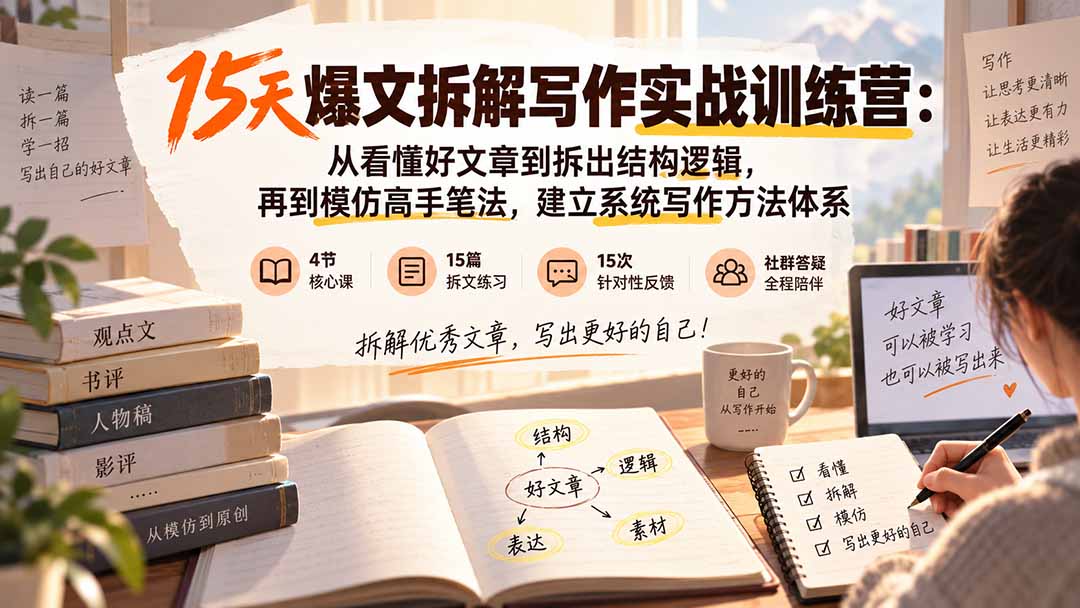 15天爆文拆解写作实战训练营：从看懂好文章到拆出结构逻辑，再到模仿高手笔法，建立系统写作方法体系-伊亚库