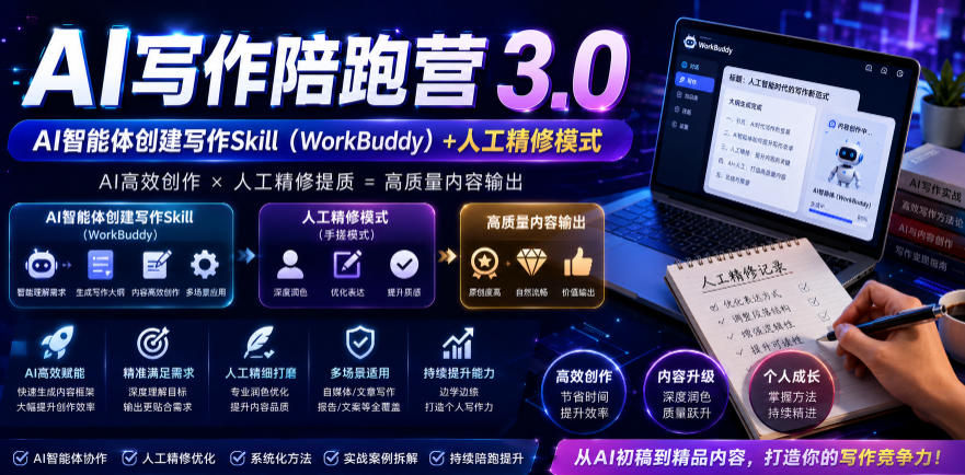 AI写作陪跑营3.0，Ai智能体创建写作skill(workbuddy)+人工手写模式(手搓模式)，去除AI痕迹(头条号、公众号、百家号)(更新0907)-伊亚库