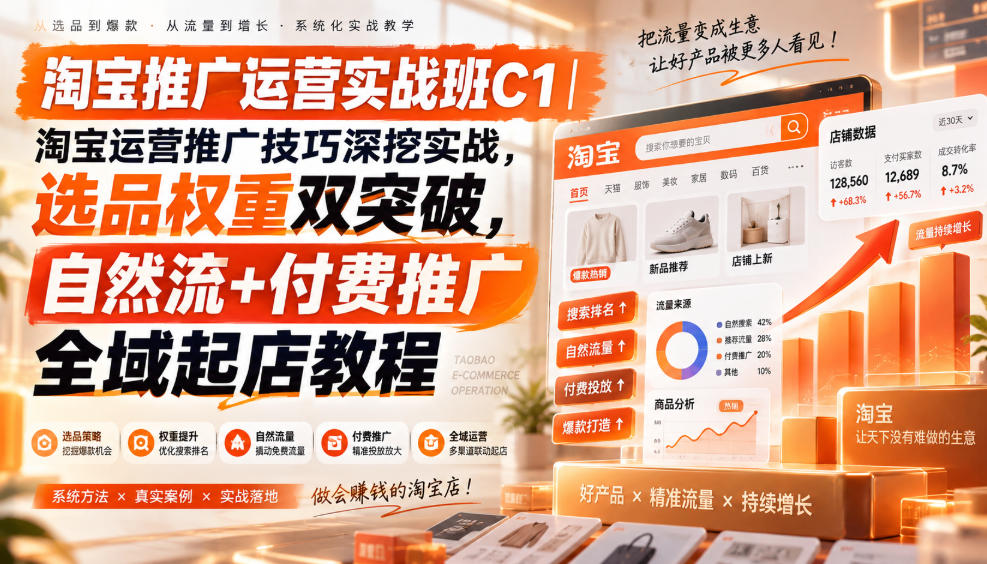 淘宝推广运营实战班C1｜淘宝运营推广技巧深挖实战，选品权重双突破，自然流+付费推广全域起店教程-伊亚库