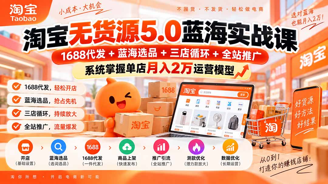 淘宝无货源5.0蓝海实战课-更新：1688代发+蓝海选品+三店循环+全站推广，系统掌握单店月入2万运营模型-伊亚库