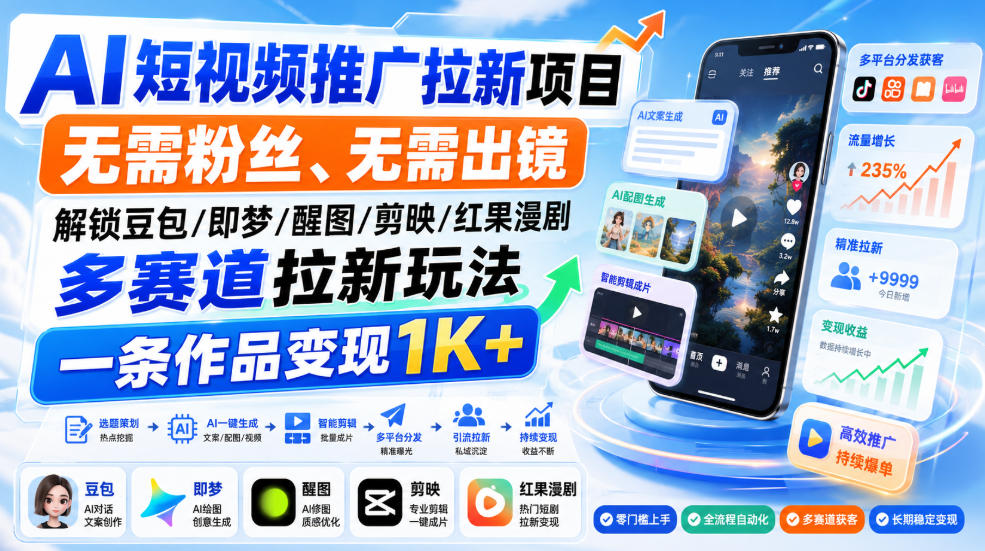 AI短视频推广拉新项目，无需粉丝、无需出镜，解锁豆包/即梦/醒图/剪映/红果漫剧多赛道拉新玩法，一条作品变现1K+(更新0910)-伊亚库