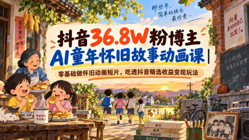 抖音36.8W粉博主AI童年怀旧故事动画课｜零基础做怀旧动画短片，吃透抖音精选收益变现玩法-伊亚库