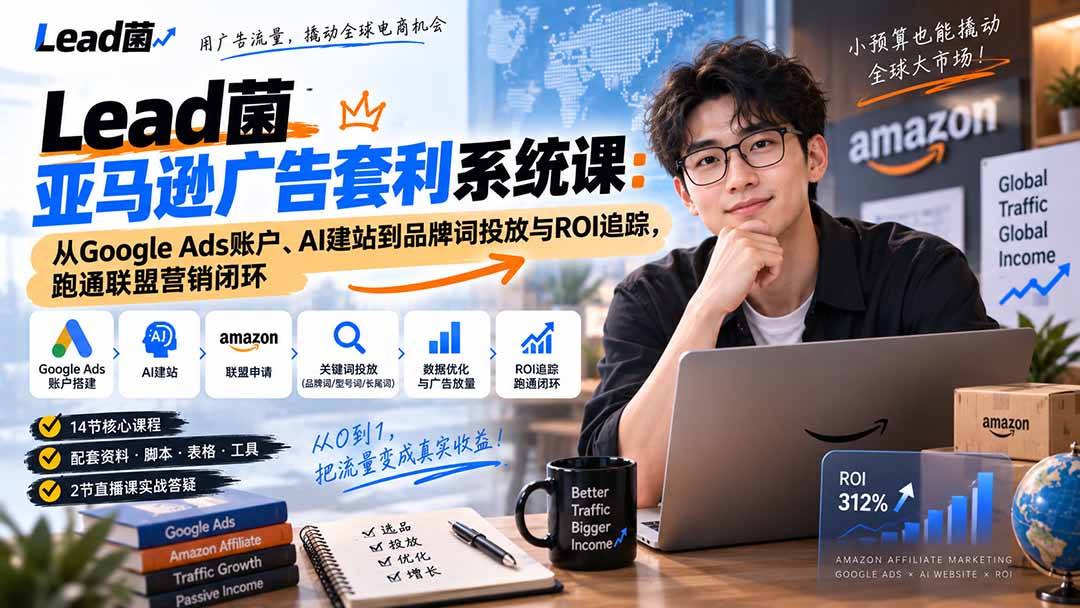 Lead菌亚马逊广告套利系统课：从Google Ads账户、AI建站到品牌词投放与ROI追踪，跑通联盟营销闭环-伊亚库