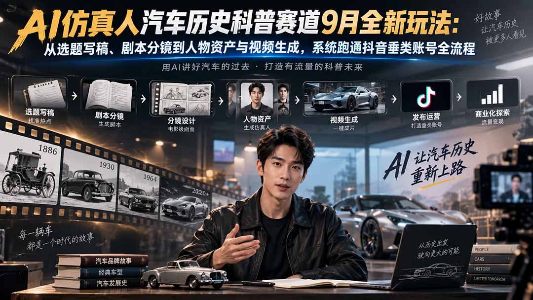 AI仿真人汽车历史科普赛道9月全新玩法：从选题写稿、剧本分镜到人物资产与视频生成，系统跑通抖音垂类账号全流程-伊亚库