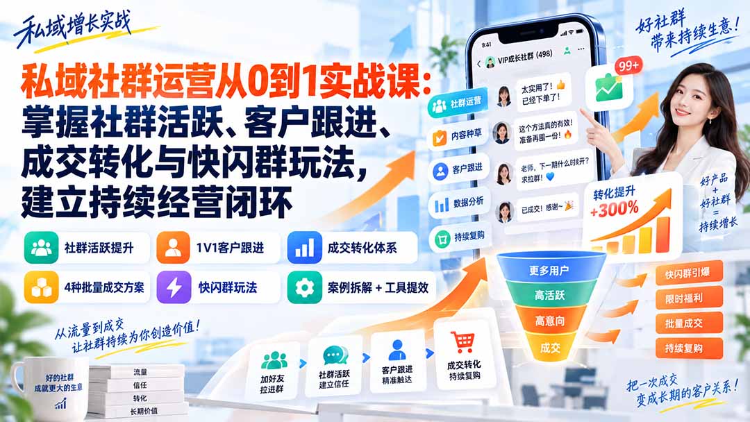 私域社群运营从0到1实战课：掌握社群活跃、客户跟进、成交转化与快闪群玩法，建立持续经营闭环-伊亚库