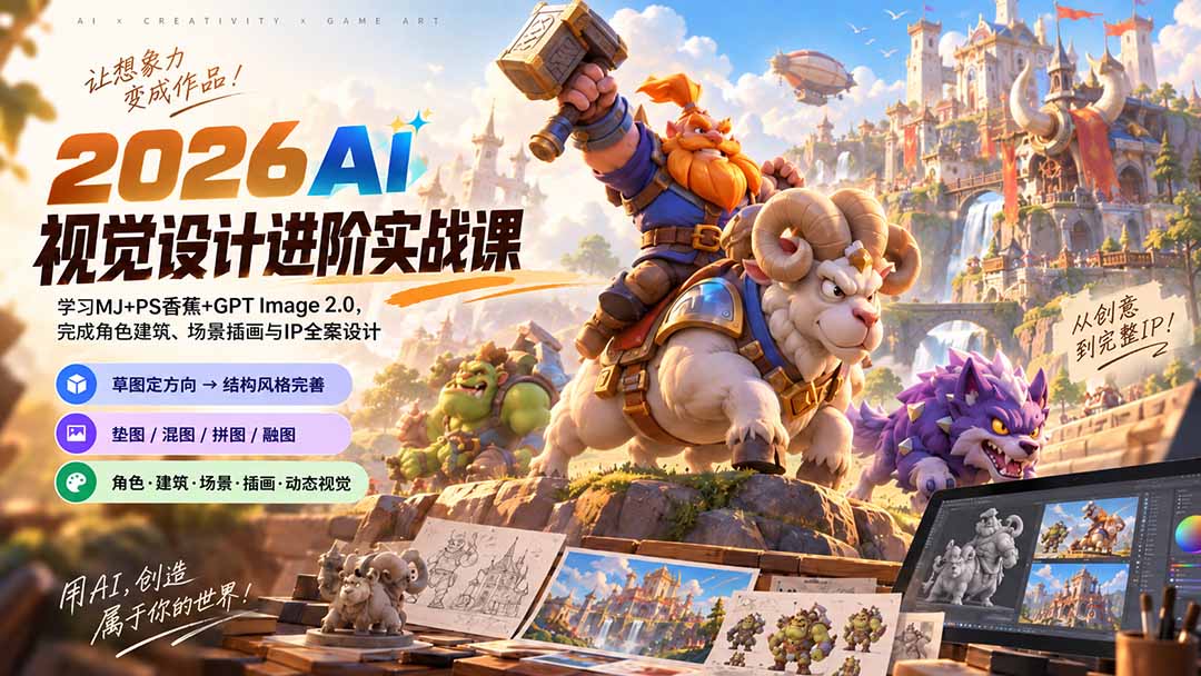 2026AI视觉设计进阶实战课-更新：学习MJ+PS香蕉+GPT Image 2.0，完成角色建筑、场景插画与IP全案设计-伊亚库