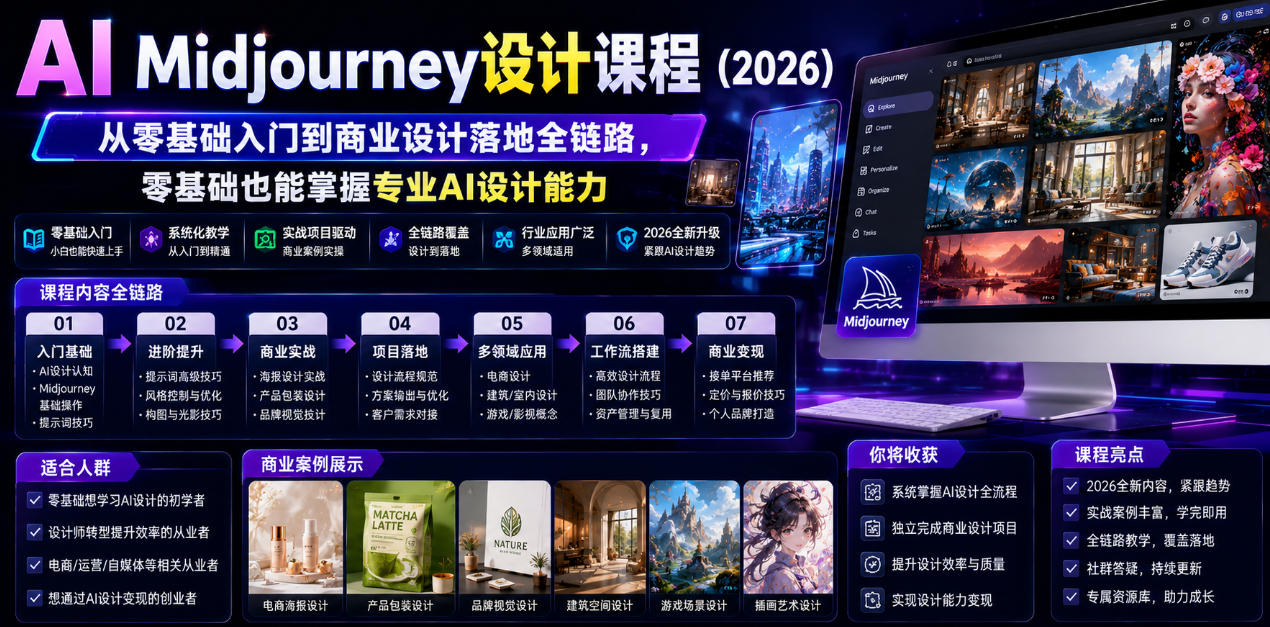 AI Midjourney设计课程(2026)，从零基础入门到商业设计落地全链路，零基础也能掌握专业AI设计能力(更新0913)-伊亚库