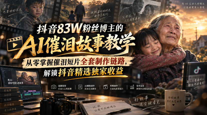 抖音83W粉丝博主的AI催泪故事教学，从零掌握催泪短片全套制作链路，解锁抖音精选独家收益-伊亚库