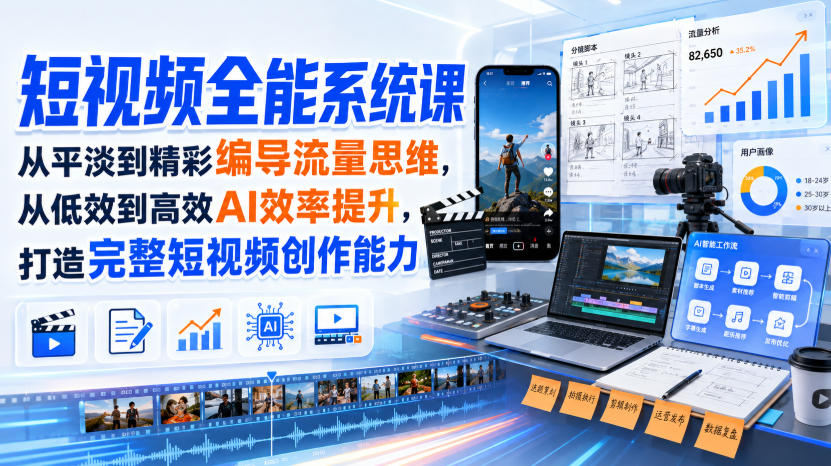 短视频全能系统课，从平淡到精彩编导流量思维，从低效到高效AI效率提升，打造完整短视频创作能力(完整版)-伊亚库