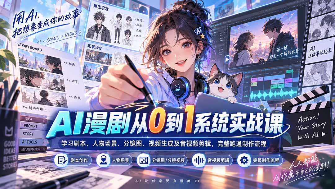 AI漫剧从0到1系统实战课：学习剧本、人物场景、分镜图、视频生成及音视频剪辑，完整跑通制作流程-伊亚库