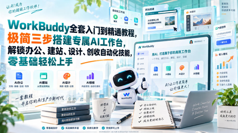WorkBuddy全套入门到精通教程，极简三步搭建专属AI工作台，解锁办公、建站、设计、创收自动化技能，零基础轻松上手-伊亚库