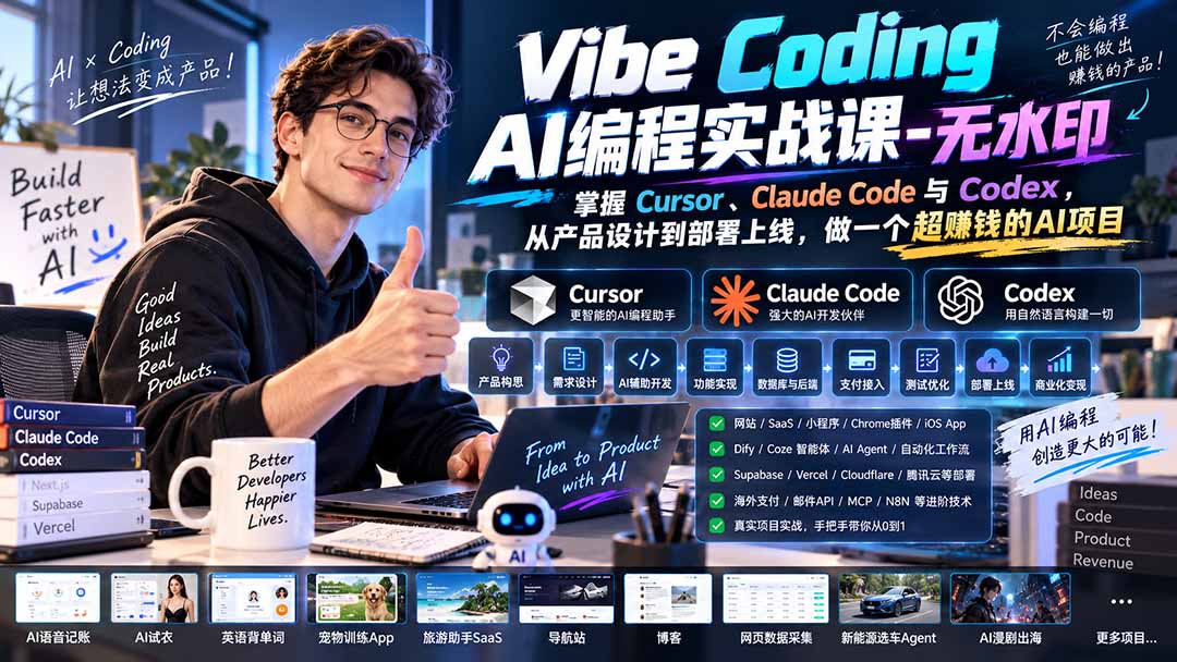 Vibe Coding AI编程实战课-无水印：掌握Cursor、Claude Code与Codex，从产品设计到部署上线，做一个超赚钱的AI项目-伊亚库