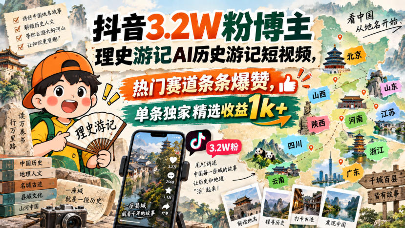 抖音3.2W粉博主理史游记AI历史游记短视频教学，热门赛道条条爆赞，单条独家精选收益1k+-伊亚库