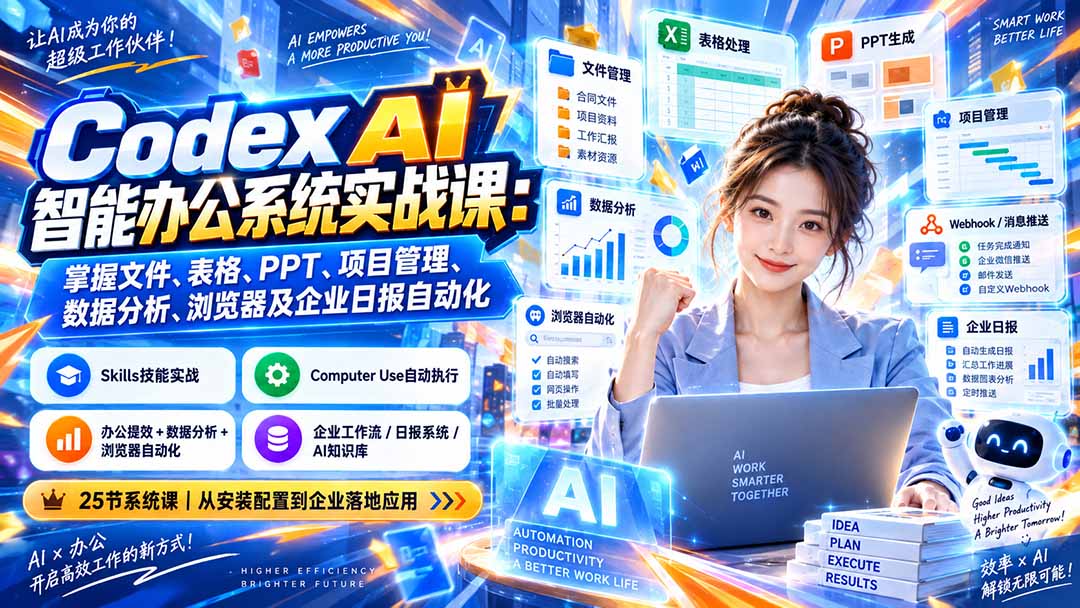 Codex AI智能办公系统实战课：掌握文件、表格、PPT、项目管理、数据分析、浏览器及企业日报自动化-伊亚库