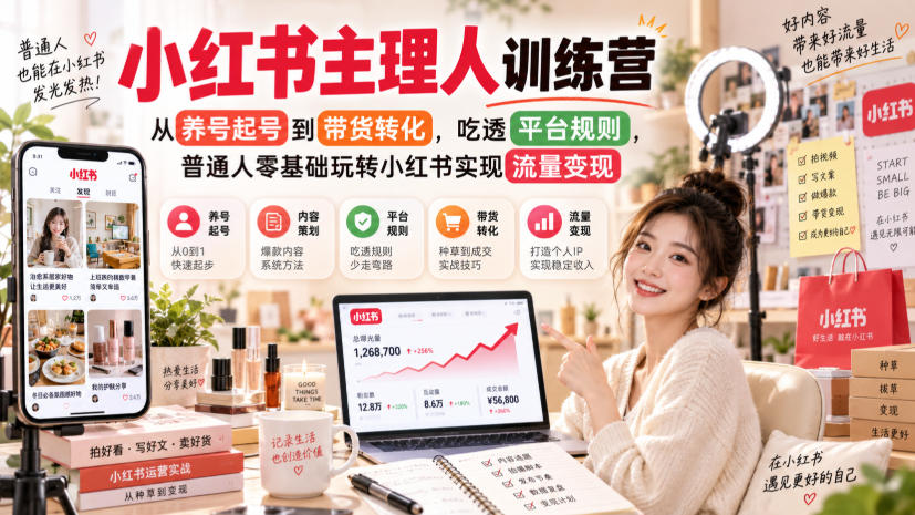 小红书主理人训练营，从养号起号到带货转化，吃透平台规则，普通人零基础玩转小红书实现流量变现-伊亚库