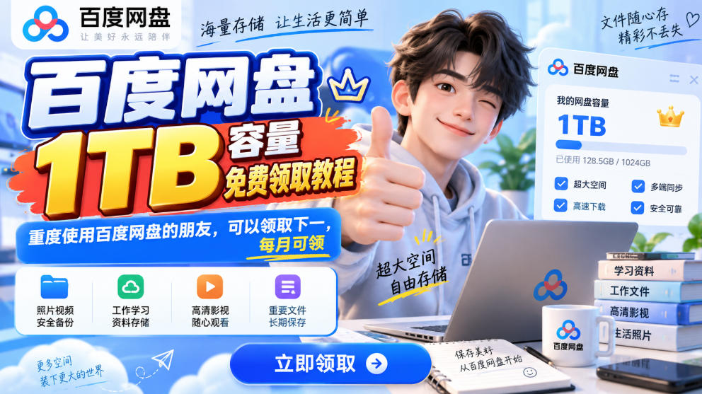 百度网盘1TB容量免费领取教程，重度使用百度网盘的朋友，可以领取下一，每月可领-伊亚库
