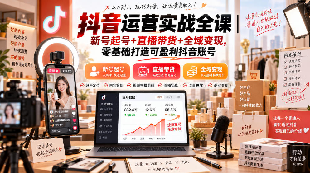抖音运营实战全课｜新号起号+直播带货+全域变现，零基础打造可盈利抖音账号-伊亚库