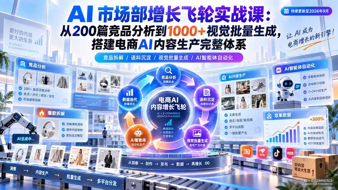 AI 市场部增长飞轮实战课：从200篇竞品分析到1000+视觉批量生成，搭建电商AI内容生产完整体系-伊亚库