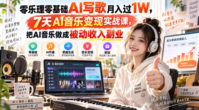 零乐理零基础AI写歌月入过1W，7天AI音乐变现实战课，把AI音乐做成被动收入副业-伊亚库
