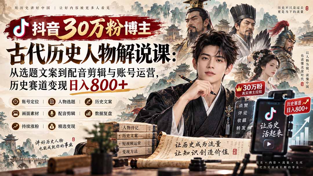 抖音30万粉博主古代历史人物解说课：从选题文案到配音剪辑与账号运营，历史赛道变现日入800+-伊亚库