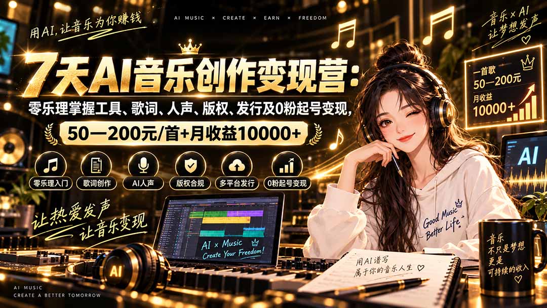 AI音乐创作变现营：零乐理掌握工具、歌词、人声、版权、发行及0粉起号变现，50—200元/首+月收益10000+-伊亚库