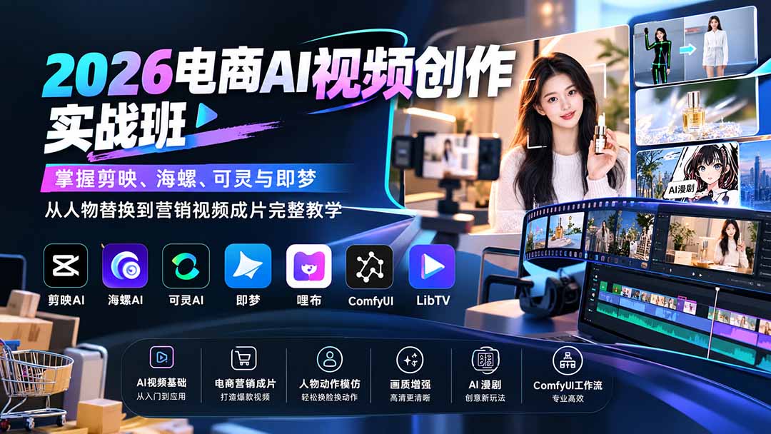 2026电商AI视频创作实战班：掌握剪映、海螺、可灵与即梦，从人物替换到营销视频成片完整教学-伊亚库