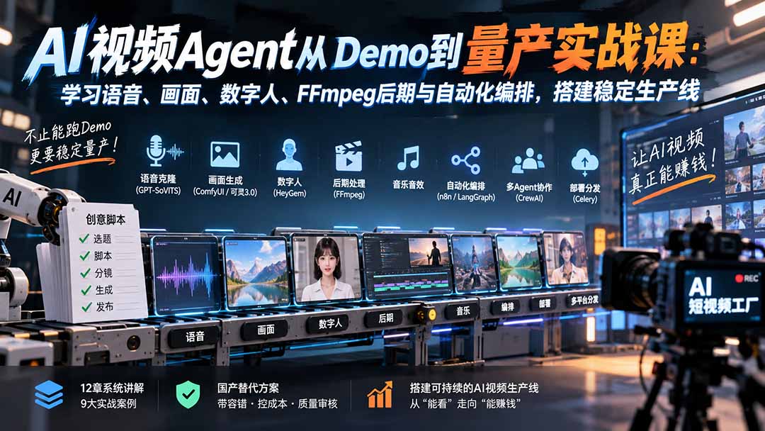 AI视频Agent从Demo到量产实战课：学习语音、画面、数字人、FFmpeg后期与自动化编排，搭建稳定生产线-伊亚库