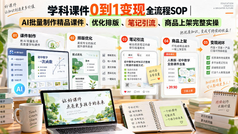 学科课件0到1变现全流程SOP｜AI批量制作精品课件、优化排版、笔记引流、商品上架完整实操​-伊亚库