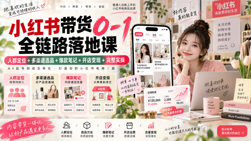 小红书带货0-1全链路落地课｜人群定位+多渠道选品+爆款笔记+开店变现完整实操-伊亚库