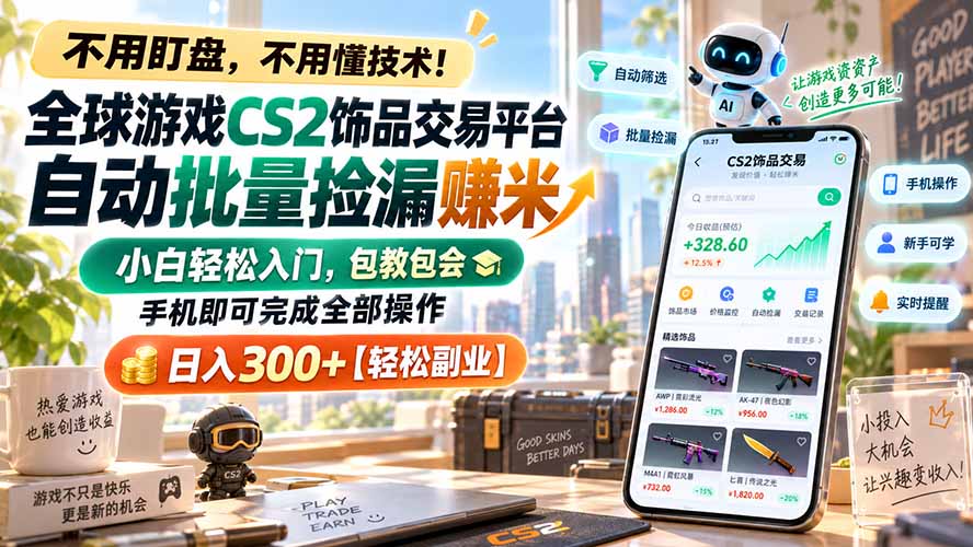 全球游戏CS2饰品交易平台自动批量捡漏赚米，小白轻松入门，包教包会，手机即可完成全部操作，日入300+【轻松副业】-伊亚库