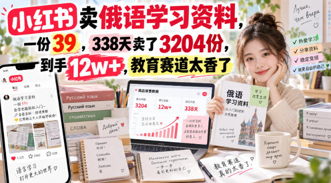 小红书卖俄语学习资料，一份39，338天卖了3204份，到手12w+，教育赛道太香了-伊亚库
